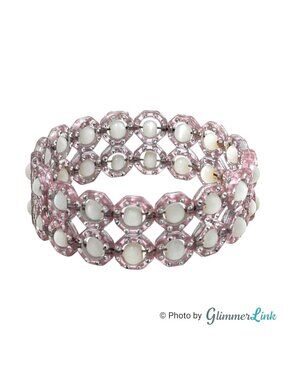 Vintage Pink Plastic Panel Bracelet White Cat Eye Beads Silver Accent